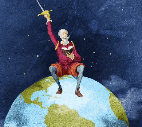 Cervantes assis un globe présentant l'Amérique du sud