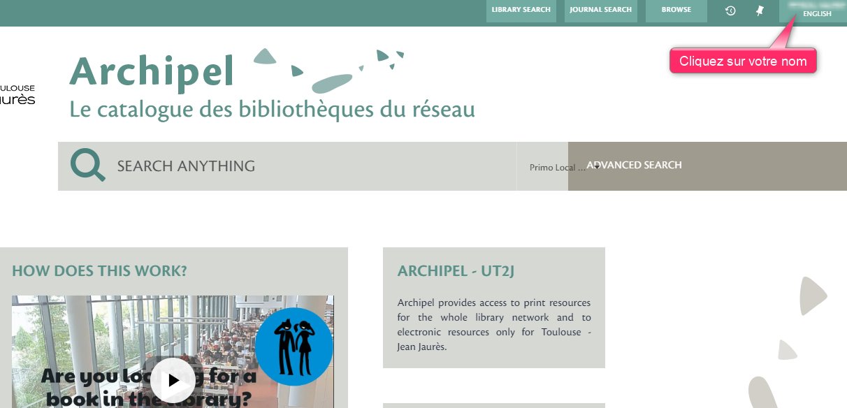 Changer la langue d'Archipel : après identification, cliquez en haut à droite sur votre nom Changer la langue d'Archipel : après identification, cliquez en haut à droite sur votre nom