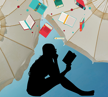Silhouette d'une femme lisant avec des livres volant au dessus d'elle et un arrière plan de parasols et ciel bleu
