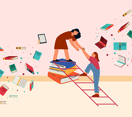 Dessin d'une jeune fille debout sur une pile de livres tendant les mains à une autre qui, sur une échelle, grimpe vers la pile de livres